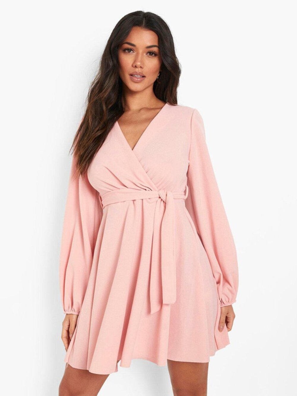 Short Low-cut wrap dress (peach color)